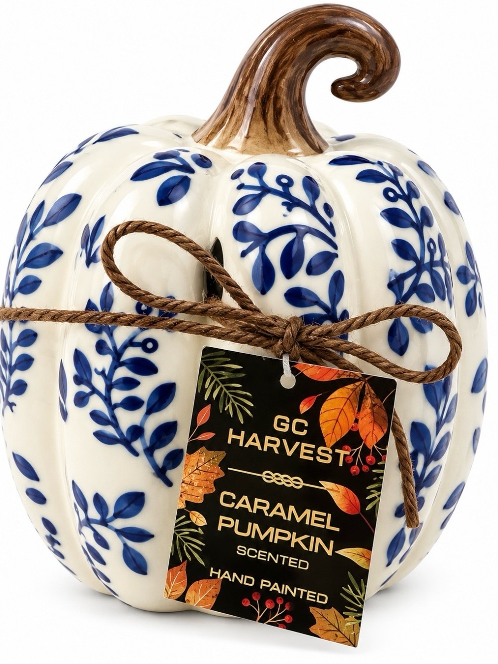 Hand-Painted Blue & White Ceramic Pumpkin - Caramel Pumpkin Scented
